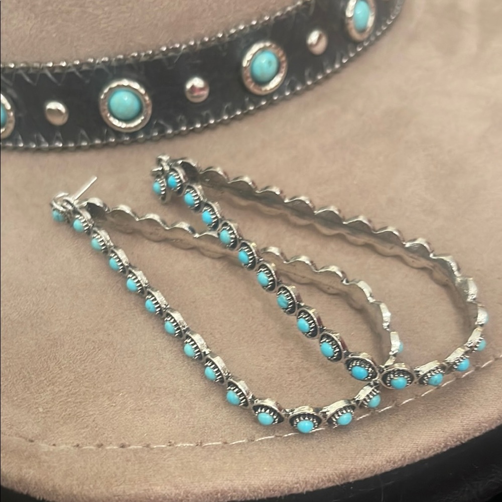 Turquoise Accented Silver Hoop Earrings